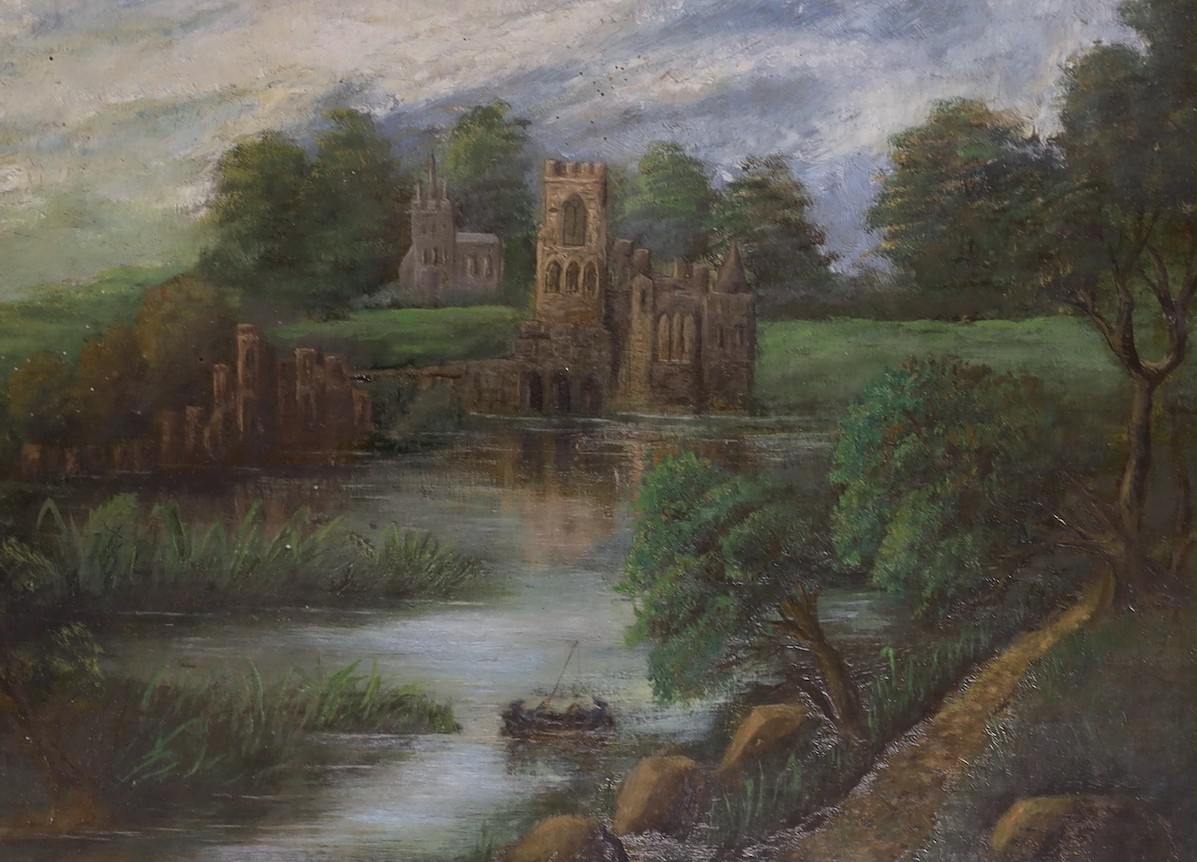 Victorian School, two oils; a mountainous landscape, a subject view of ruins amongst a river, together with two watercolours; a standing female in gaze, and a woodland walk. Largest 24 x 34cm